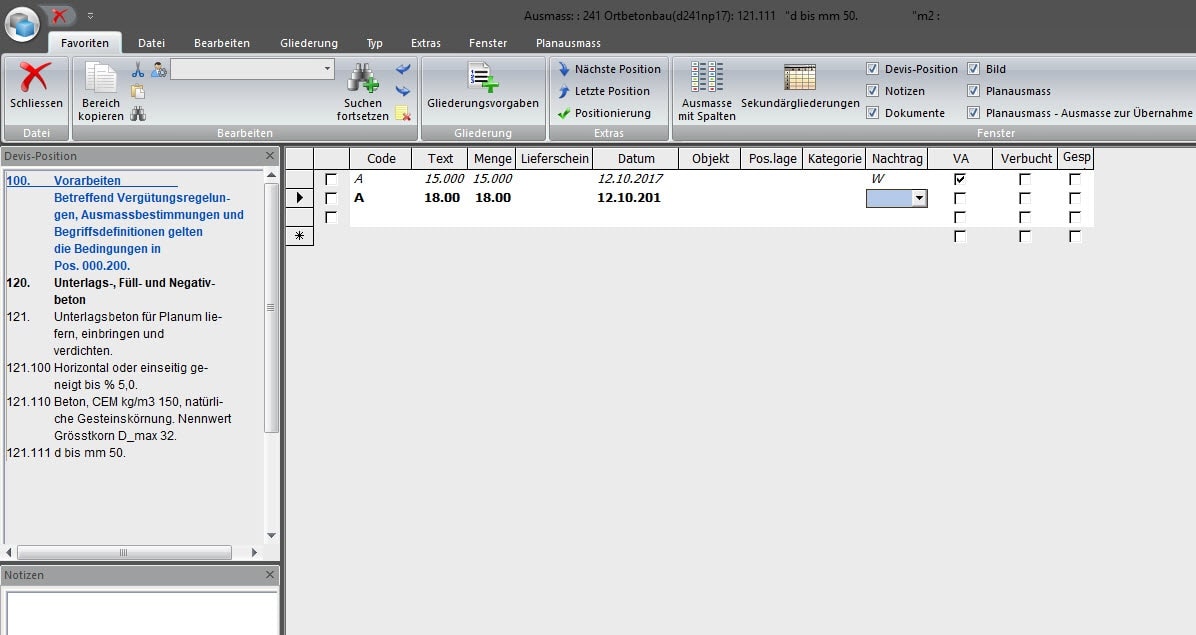 Screenshot Software Ausmassfenster