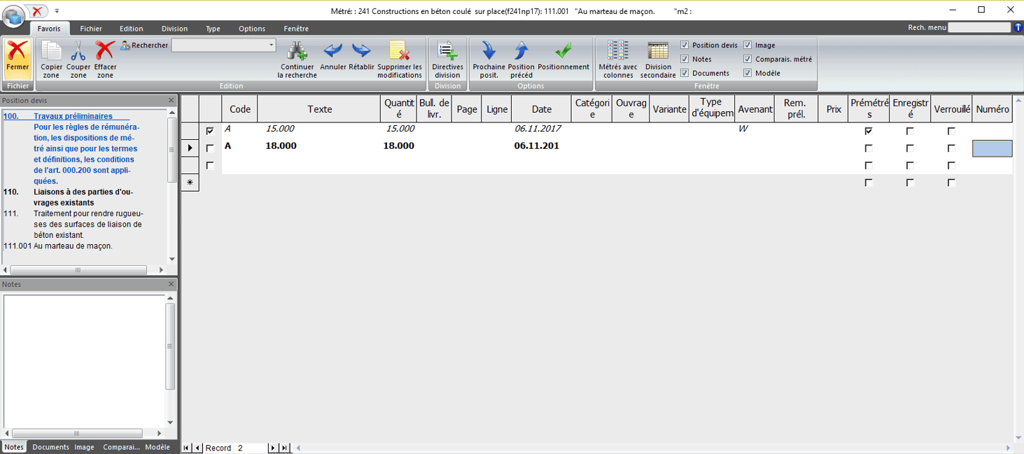 Screenshot logiciel métrés