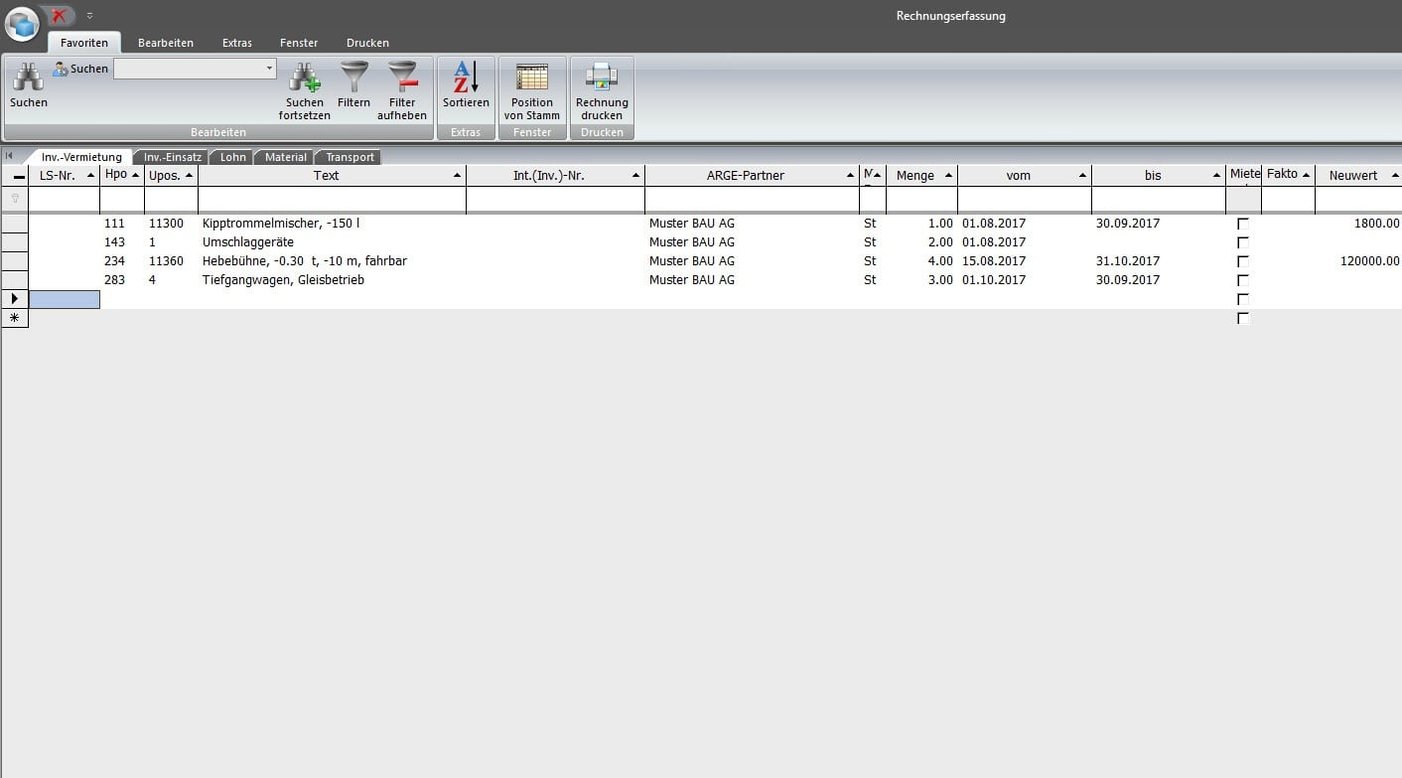 Screenshot Rechnungserfassung