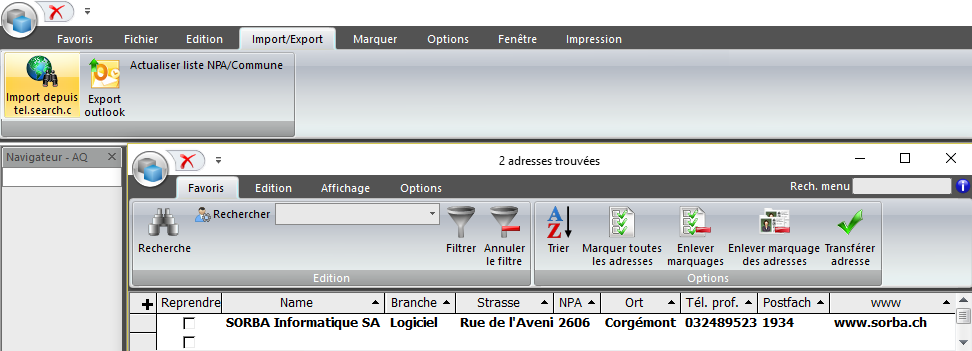Screenshot import d'adresse dans logiciel SORBA