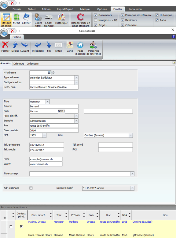 Screenshot saisie d'adresses dans le logiciel SORBA