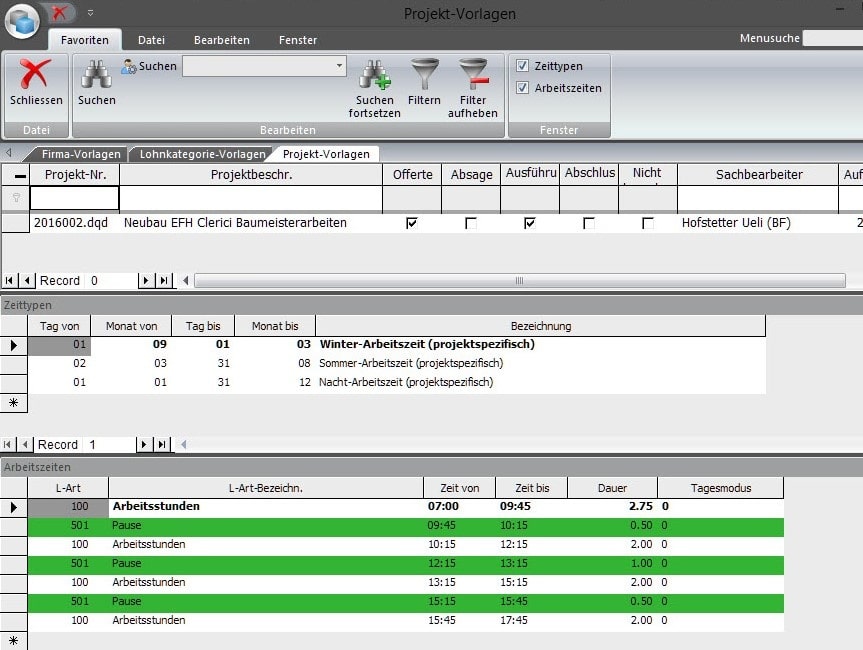 Screenshot Arbeitszeiten und Projektvorlagen