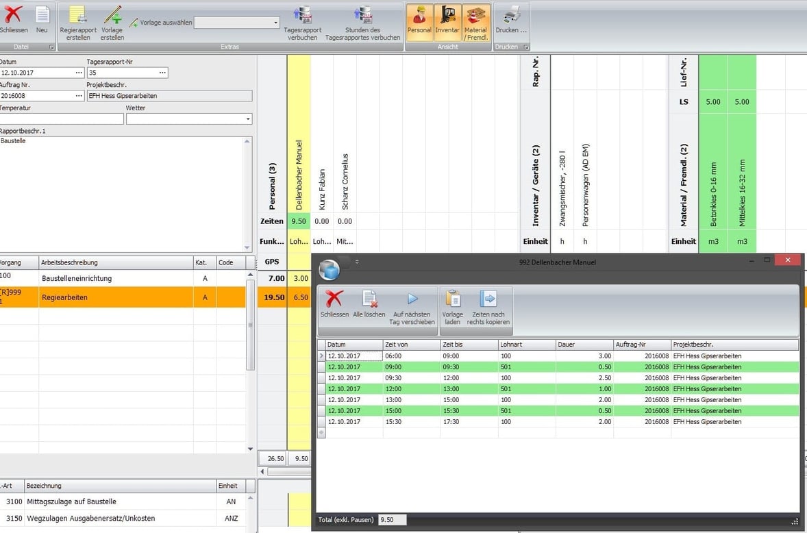 Screenshot Arbeitszeiterfassung im Tagesrapport