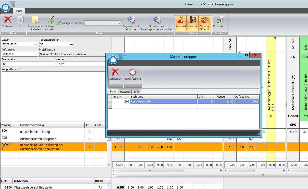 Screenshot Baumaschinenrapport im Tagesrapport