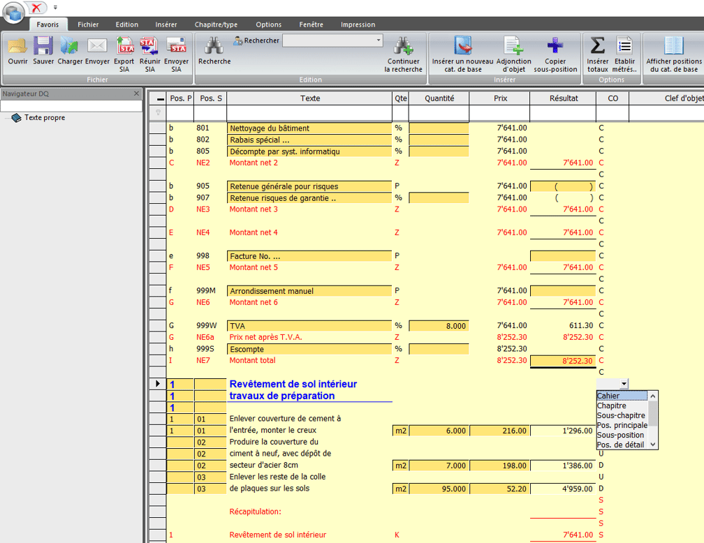 Screenshot logiciel structurer données dans le devis