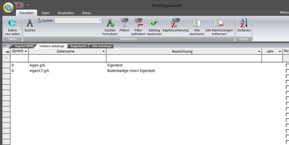 Screenshot Software eigene Grundkataloge erstellen