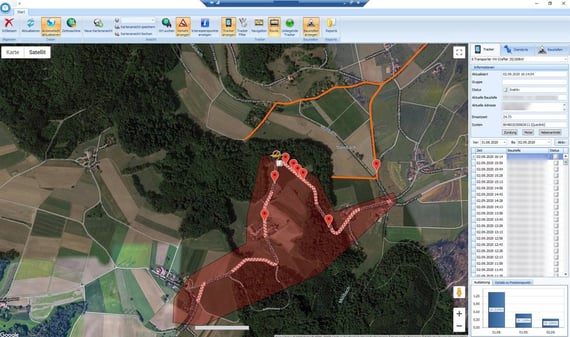 Screenshot Software Karte mit GPS Route und Baustelle