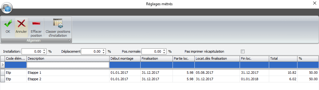 Screenshot logiciel réglages métrés