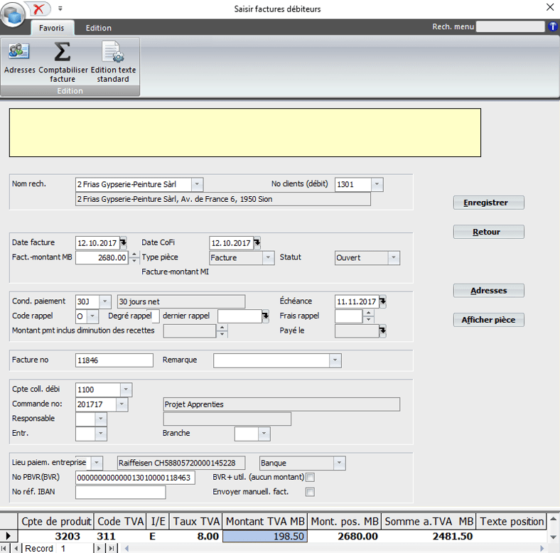 Screenshot logiciel saisie facture débiteur
