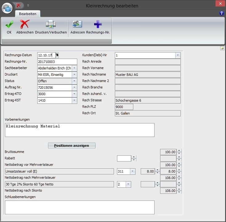 Screenshot Software Kleinrechnung bearbeiten