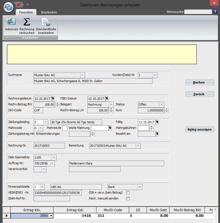 Screenshot Software Debitoren Rechnung erfassen