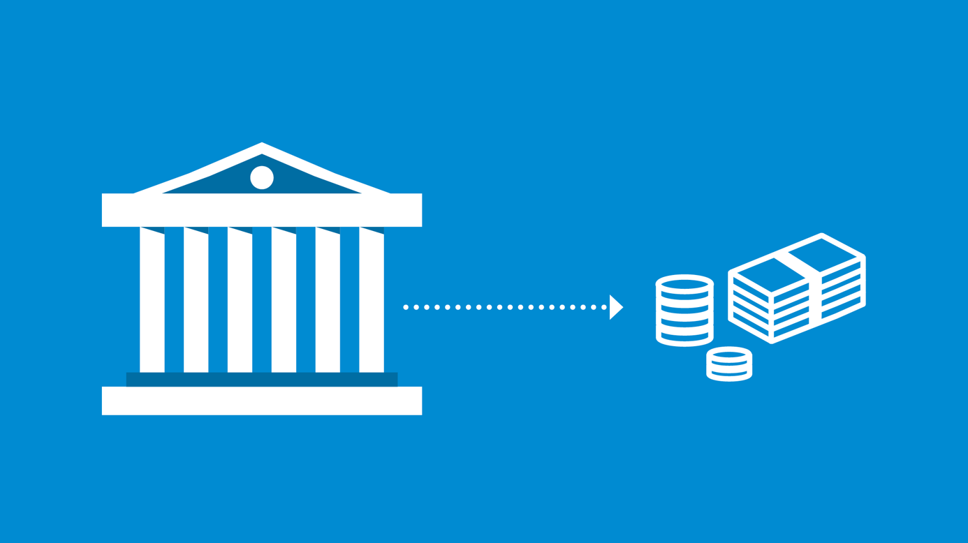 symbole banque avec flèche allant vers des billets de banques