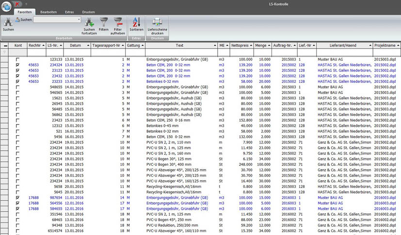 Screenshot Lieferungsübersichten