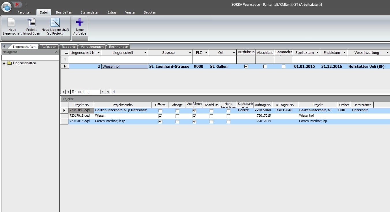 Screenshot Software Liegenschaftenübersicht