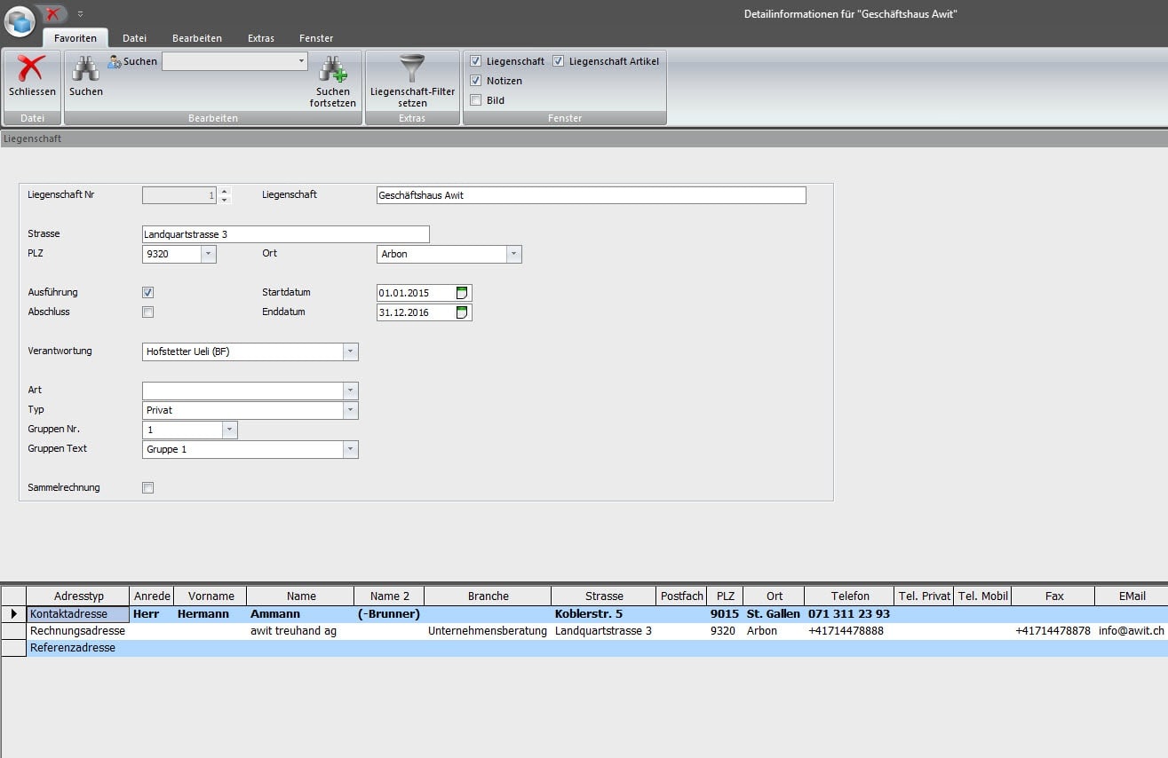 Screenshot Software Liegeschaft hinterlegen