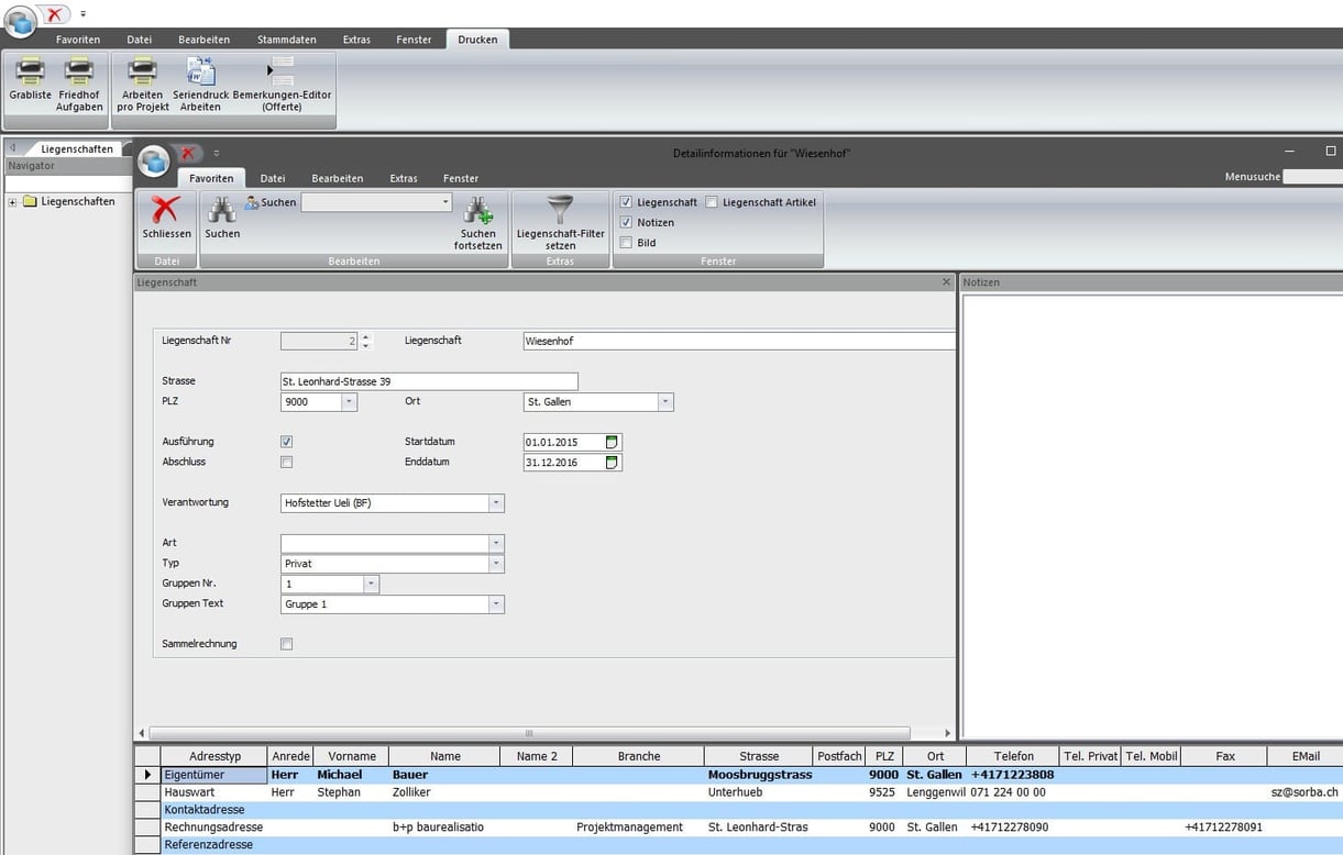 Screenshot Detailinformationen Liegenschaft