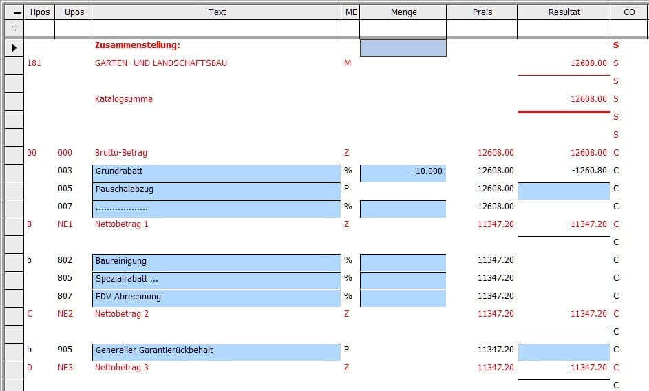 Screenshot automatische Summen und Leistungswerte