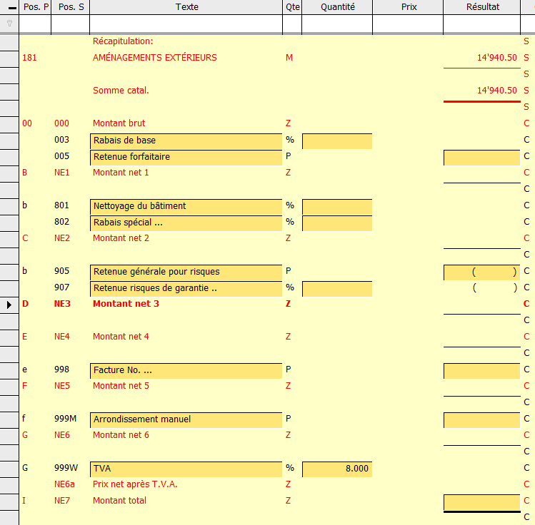 Screenshot sommes automatiques et valeurs de prestations
