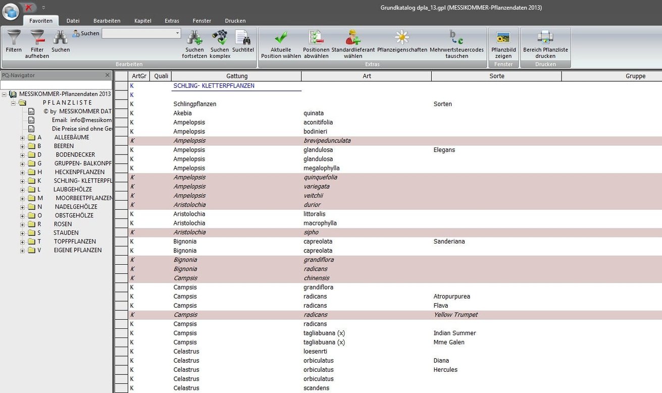 Screenshot Software Messikommer-Pflanzendaten