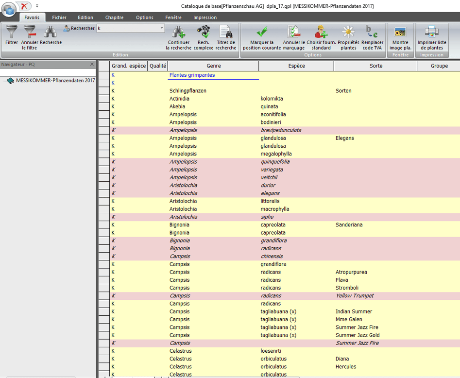 Screenshot logiciel données plantes de messikommer
