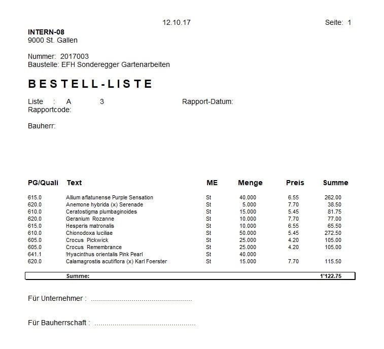 Screenshot Bestellliste der Pflanzen generieren