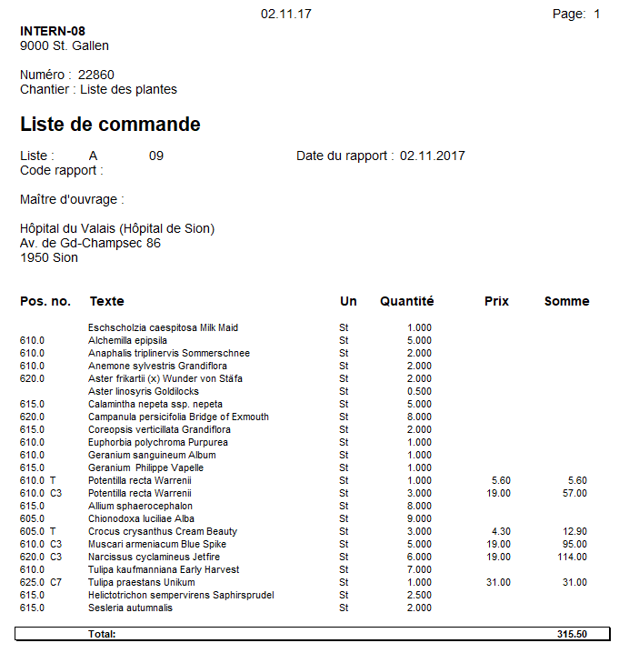 Liste de commande des plantes