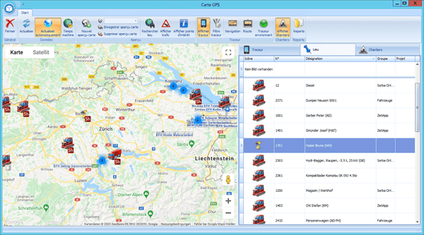 Screenshot Software mit Übersicht über Baumaschinen
