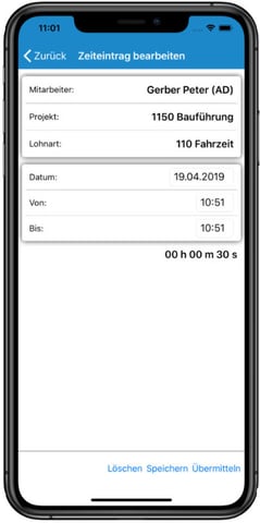 Tablet mit SORBA App Screenshot Zeiterfassung
