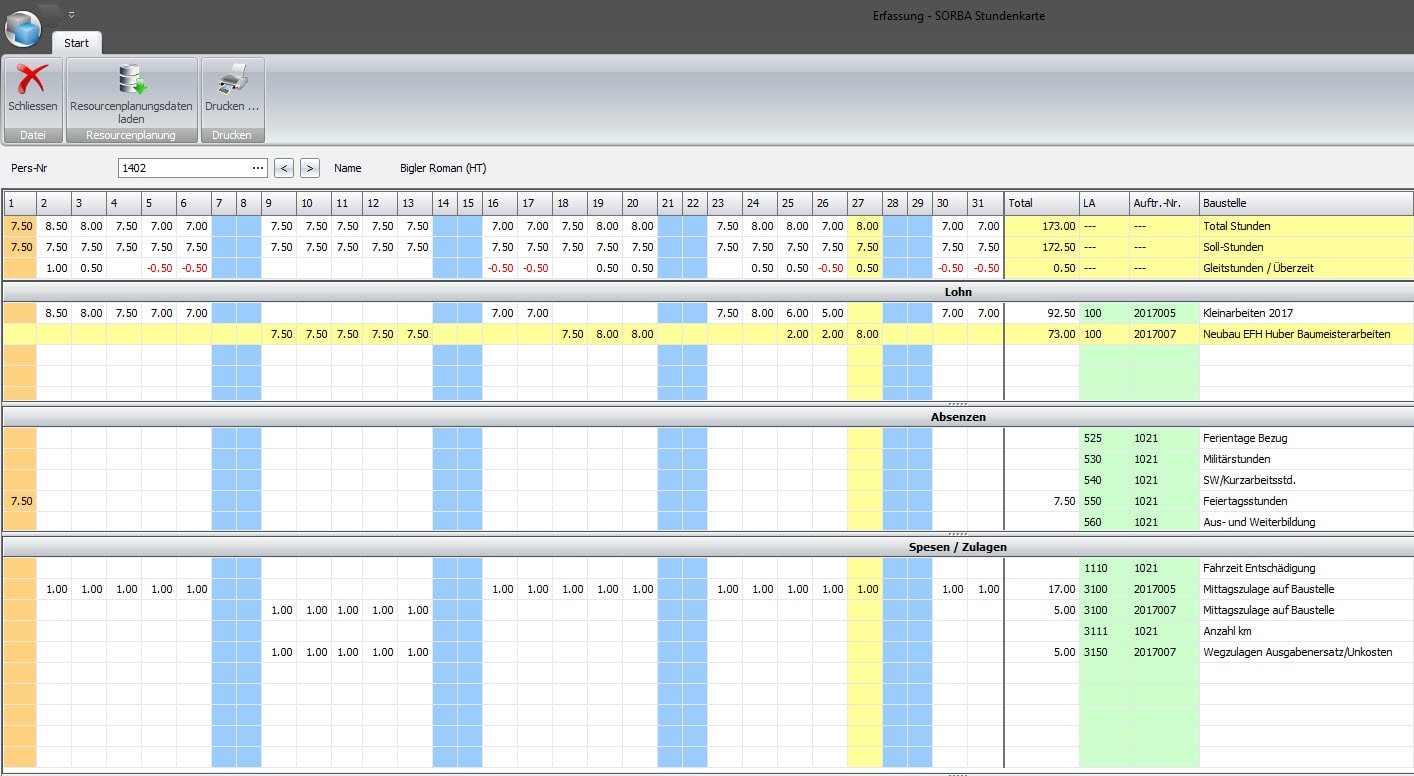 Screenshot Fenster Ist-Stunden Erfassung