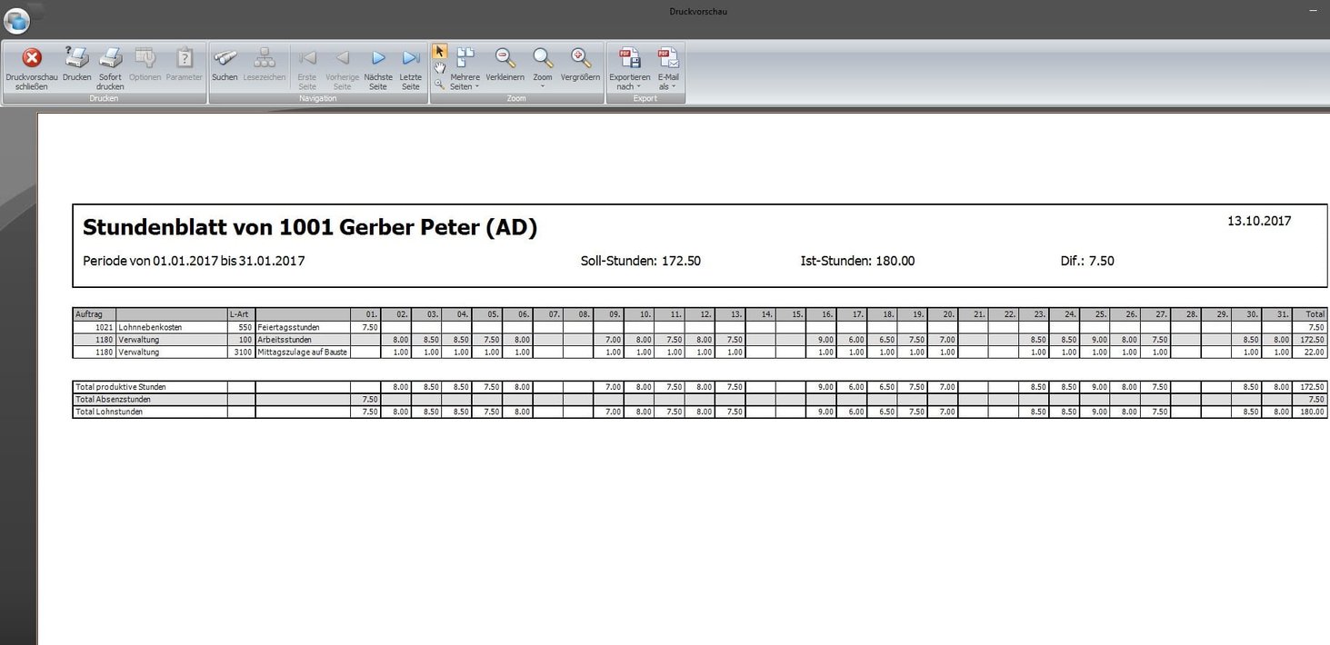 Screenshot Stundenblatt Mitarbeiter