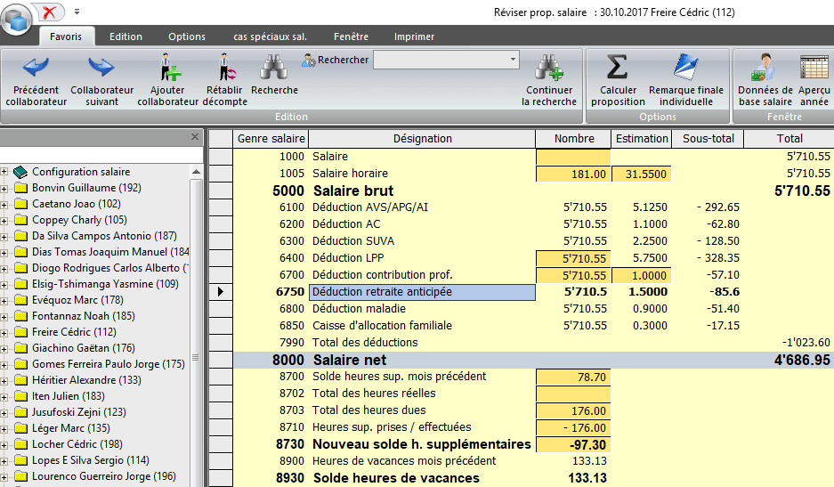 Screenshot traitement des heures dans la comptabilité des salaires