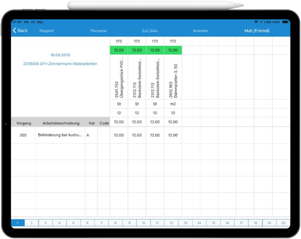 Screenshot Ipad mit Ansicht der Rapportierung