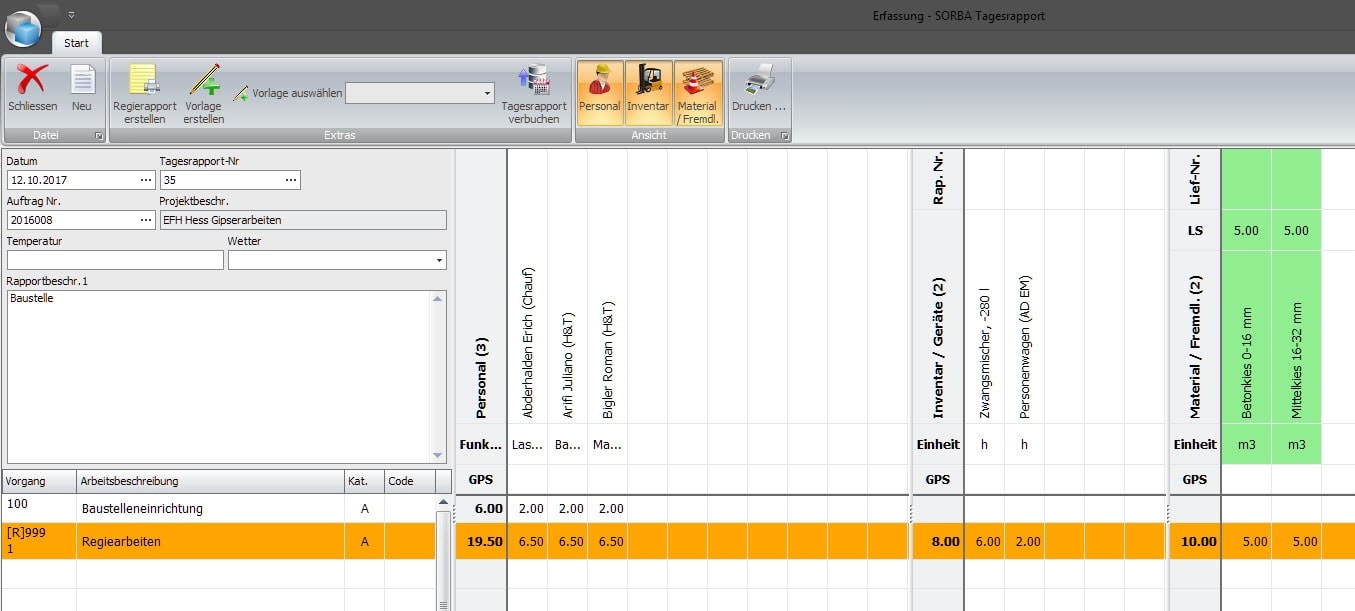 Screenshot der Rapportierung im Programm mit Regiearbeiten