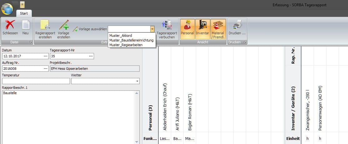 Screenshot vom Programm mit Vorlagen
