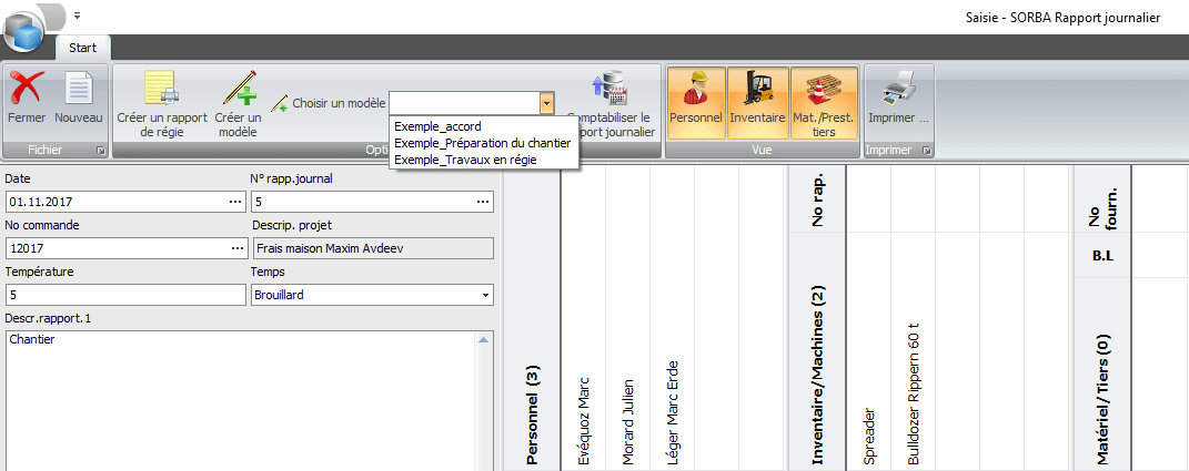 Screenshot modèle de rapport journalier
