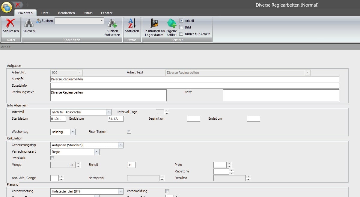 Screenshot Planung Regiearbeiten