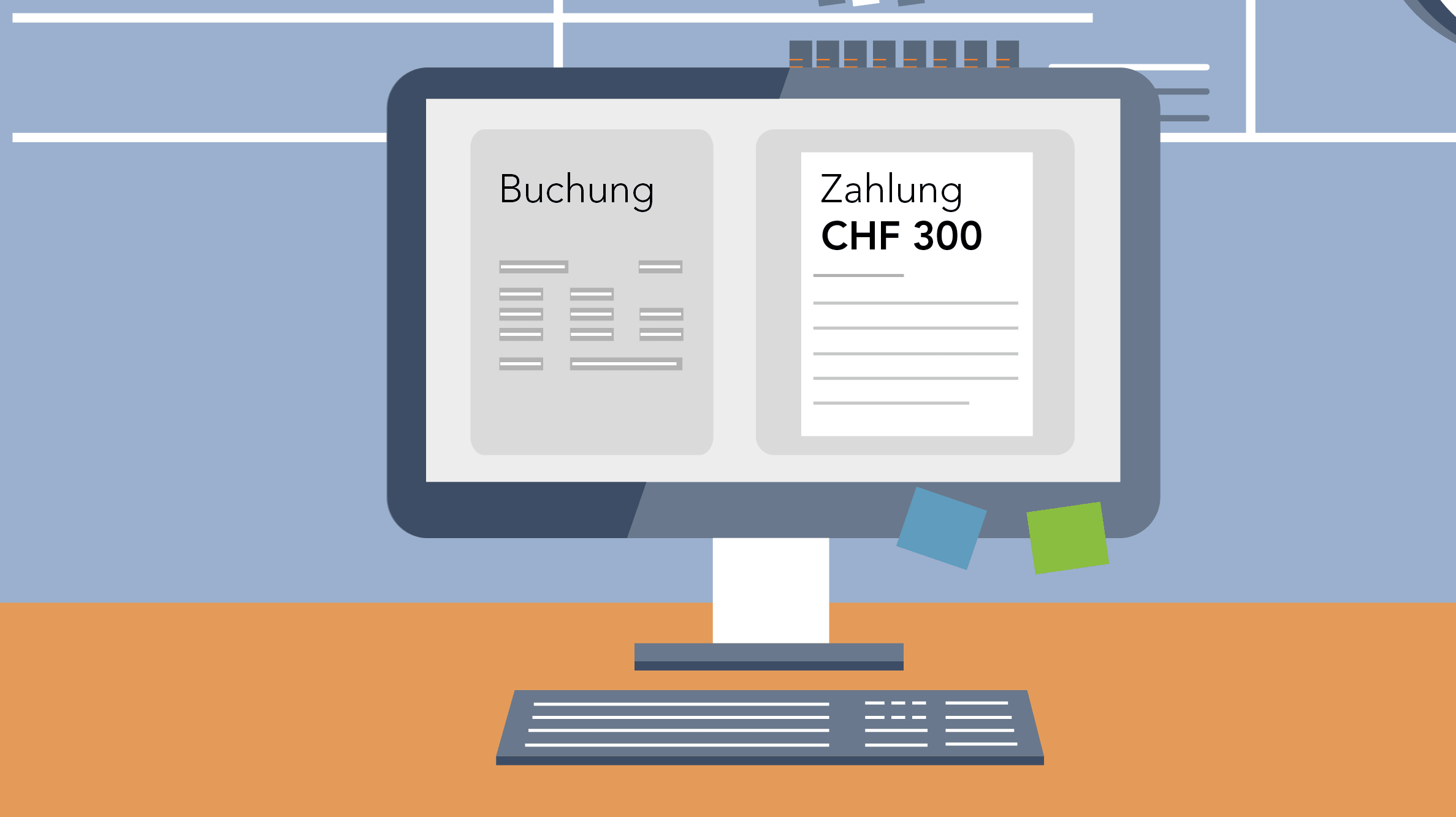 Grafik Computer mit Buchung und Zahlung