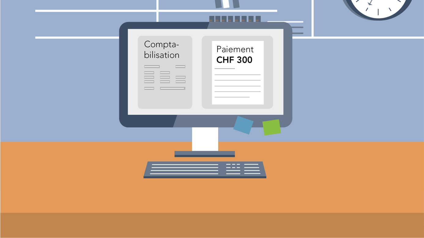 graphique bureau avec ordinateur affichant les comptabilisations et paiements