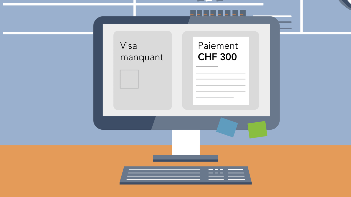 graphique bureau avec ordinateur affichant le visa manquant et le paiement