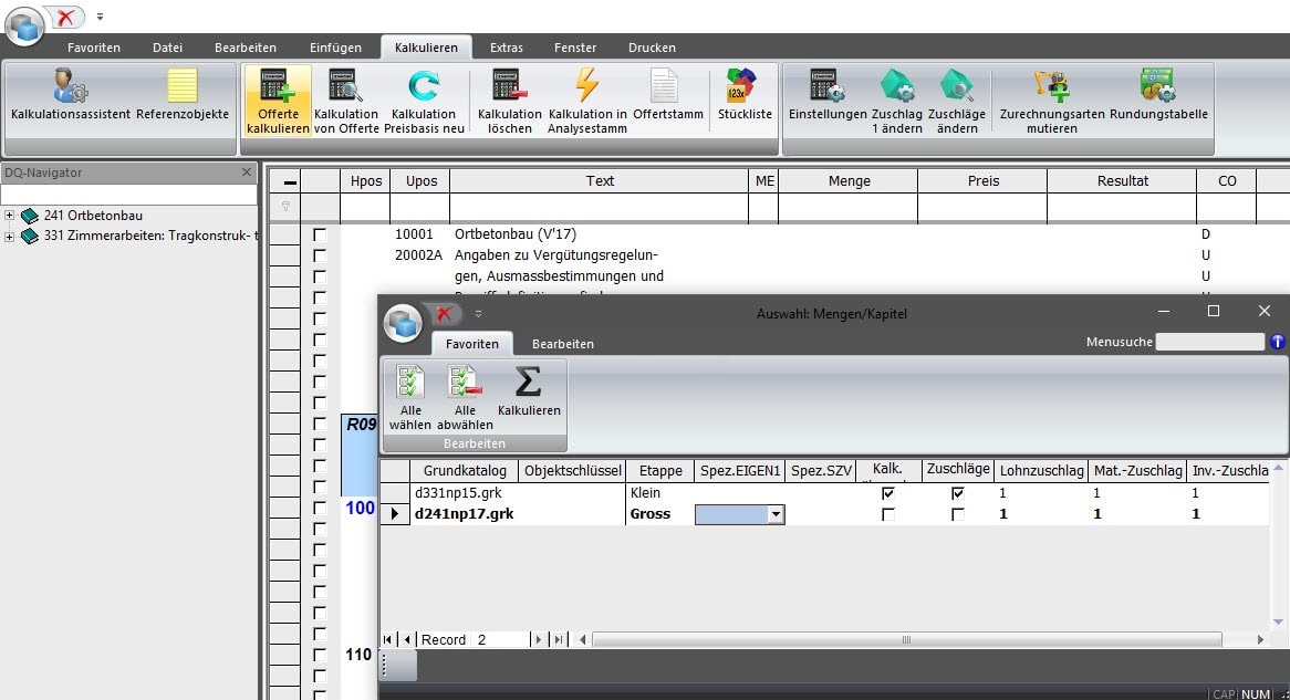 Screenshot Software Vorkalkulation
