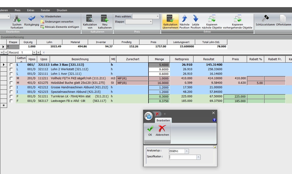 Screenshot Software Vorkalkulation lernende Kalkulation