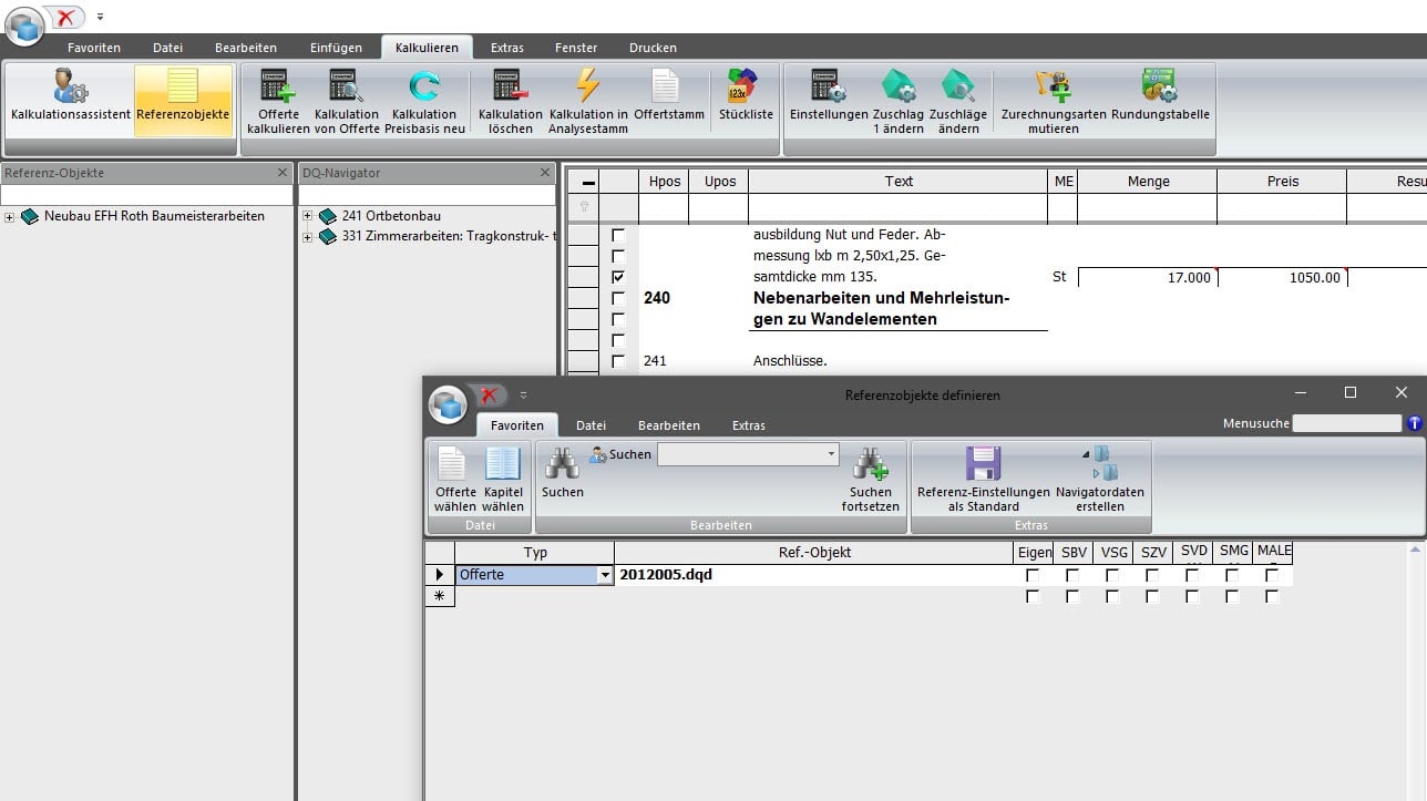 Screenshot Software Vorkalkulation Kalkulation mit Referenzprojekten
