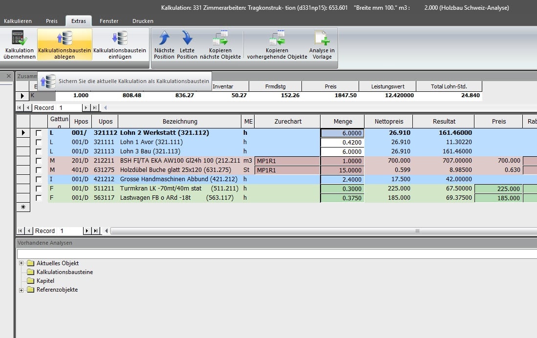 Screenshot Software Kalkulationsbausteine