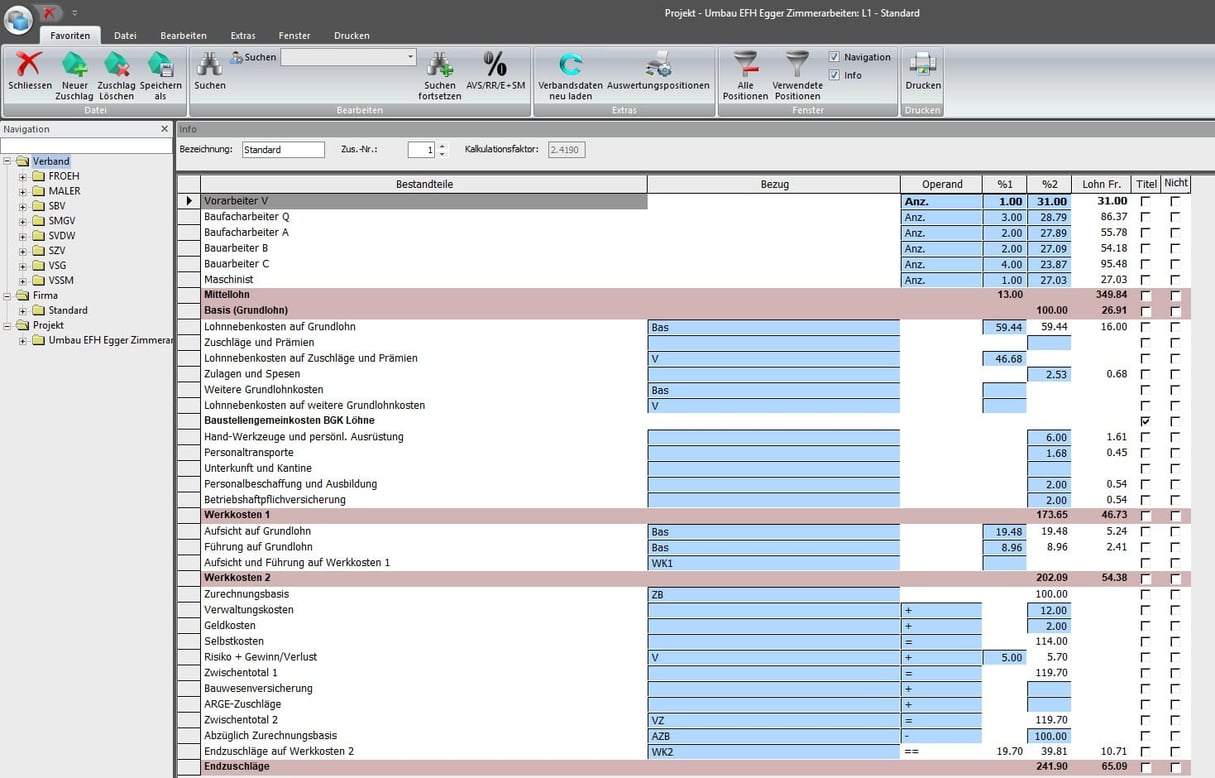 Screenshot Software Vorkalkulation Zuschläge