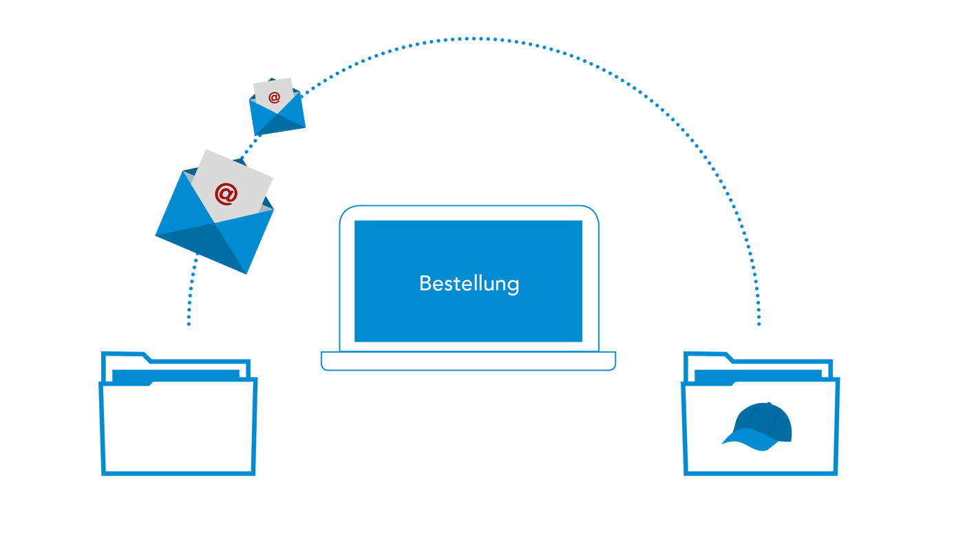 Icon Computer mit zwei Dokumentenmappen, die verbunden werden