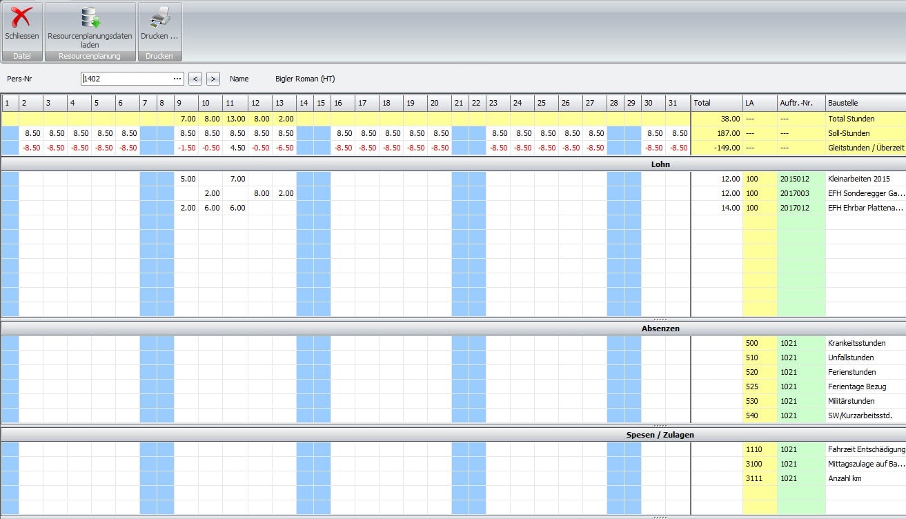 Screenshot Stundenkarte Mitarbeiter