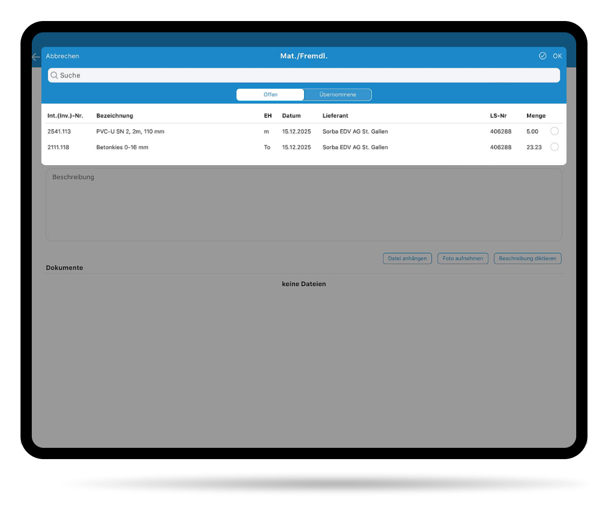 Lieferscheinkontrolle Digitaler Lieferschein im Tagesrapport