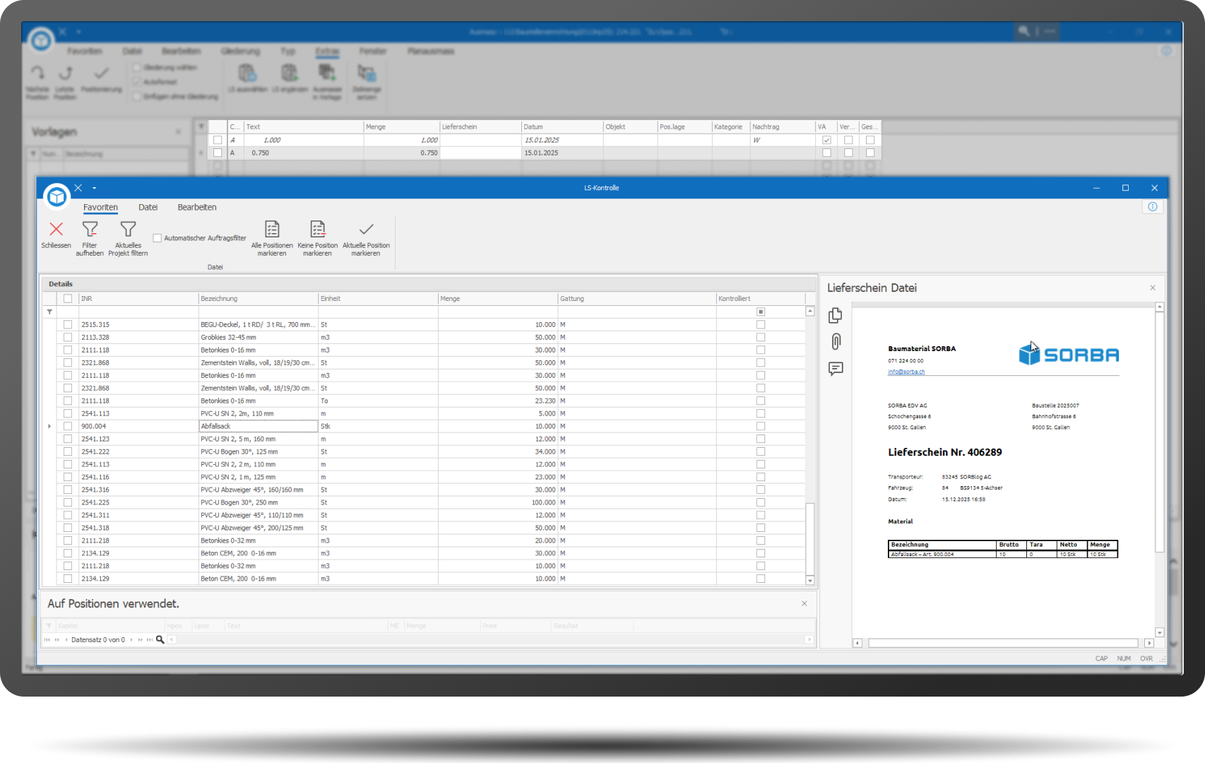 Lieferscheinkontrolle Ausmass mit Rahmen