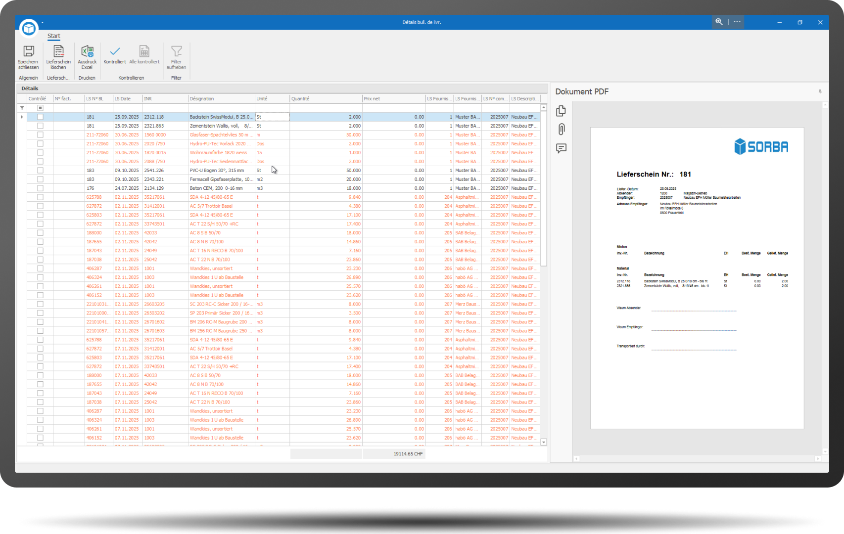 Lieferscheinkontrolle Wareneingang Übersicht mit Rahmen FR