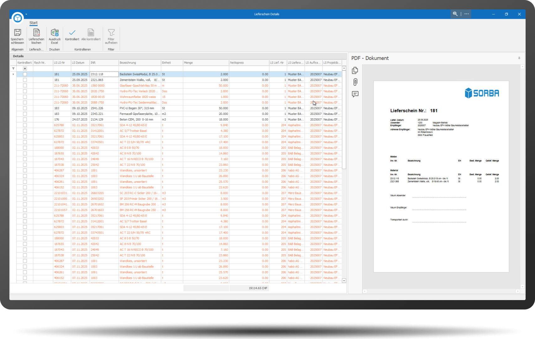 Lieferscheinkontrolle Wareneingang Übersicht mit Rahmen